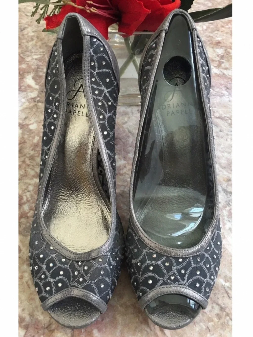 Adrianna Papell Foxy Rhinestones Mesh Gunmetal Peep-Toe Size EU 38. Dress Pumps.